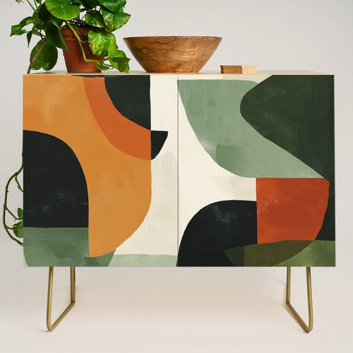 Earthy Mid-Century Abstract Composition In Olive, Rust, And Charcoal Tones Credenza