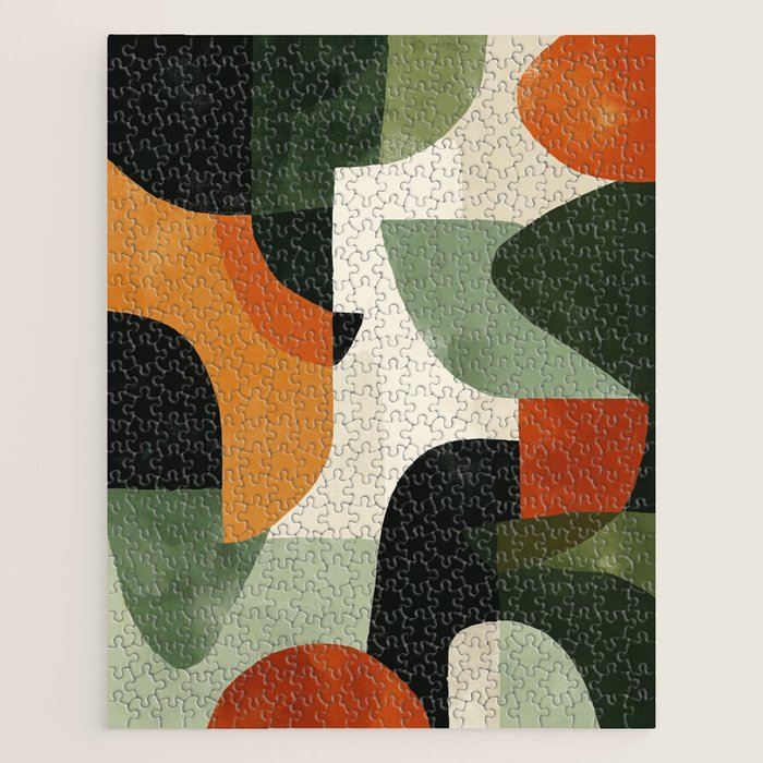 Earthy Mid-Century Abstract Composition in Olive, Rust, and Charcoal Tones Jigsaw Puzzle Gallery Image 1