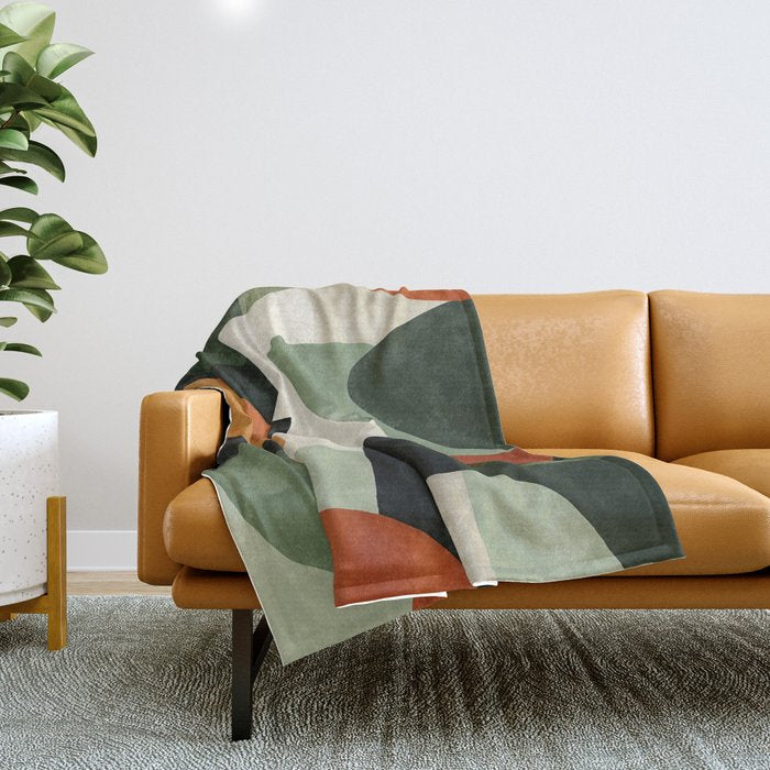 Earthy Mid-Century Abstract Composition in Olive, Rust, and Charcoal Tones Throw Blanket Gallery Image 1