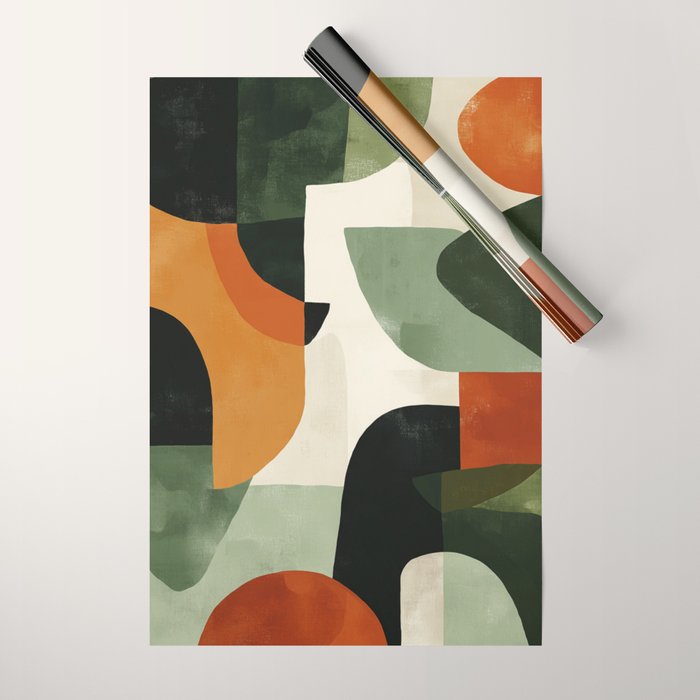 Earthy Mid-Century Abstract Composition in Olive, Rust, and Charcoal Tones Wrapping Paper Gallery Image 1
