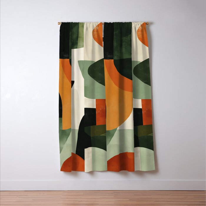Earthy Mid-Century Abstract Composition in Olive, Rust, and Charcoal Tones Window Curtain Gallery Image 3