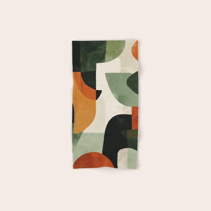 Earthy Mid-Century Abstract Composition in Olive, Rust, and Charcoal Tones Bath Towel Gallery Image 1