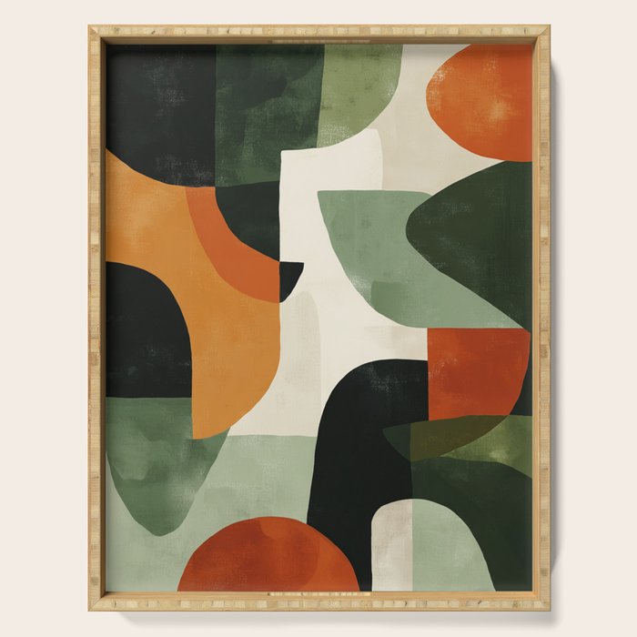 Earthy Mid-Century Abstract Composition in Olive, Rust, and Charcoal Tones Serving Tray Gallery Image 1