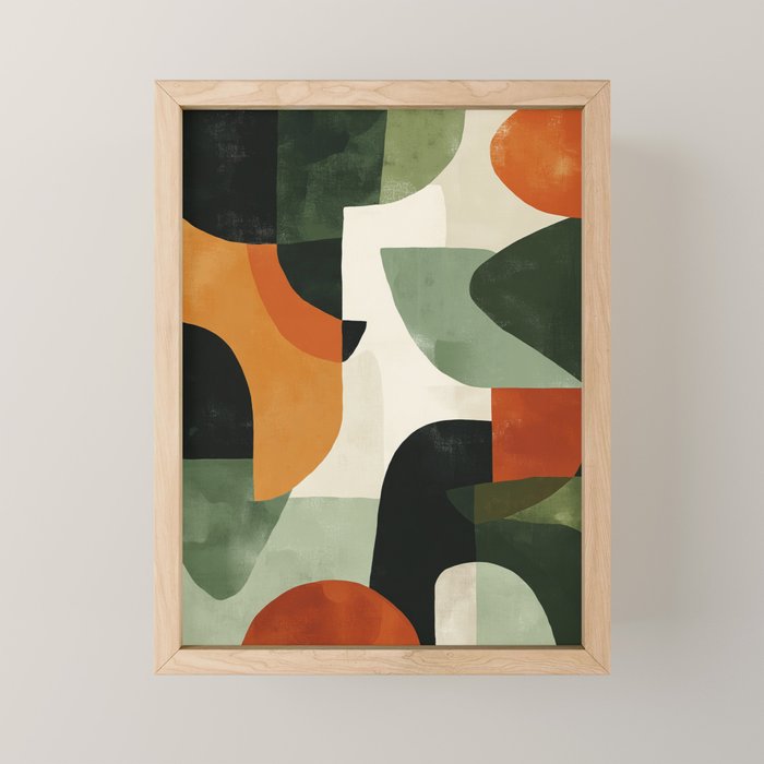 Earthy Mid-Century Abstract Composition in Olive, Rust, and Charcoal Tones Mini Art Print Gallery Image 1