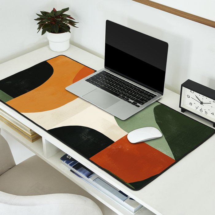 Earthy Mid-Century Abstract Composition in Olive, Rust, and Charcoal Tones Desk Mat Gallery Image 2