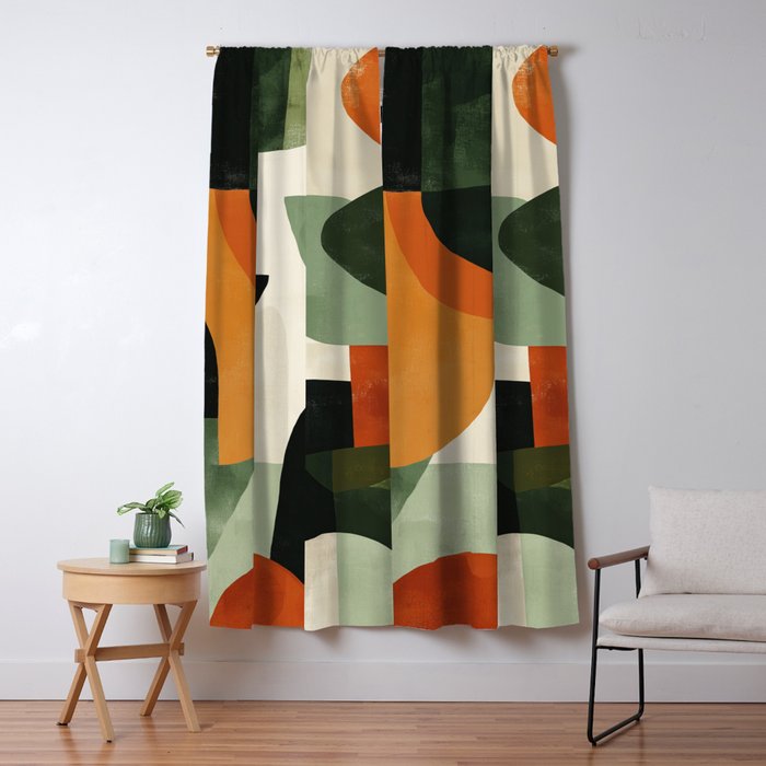 Earthy Mid-Century Abstract Composition in Olive, Rust, and Charcoal Tones Window Curtain Gallery Image 5