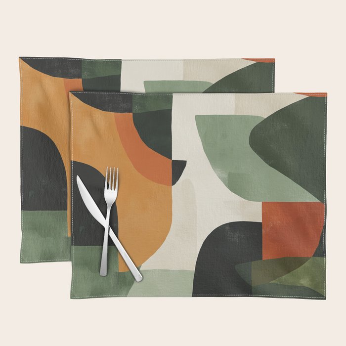 Earthy Mid-Century Abstract Composition in Olive, Rust, and Charcoal Tones Placemat Gallery Image 1
