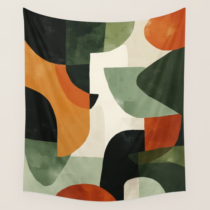 Earthy Mid-Century Abstract Composition in Olive, Rust, and Charcoal Tones Wall Tapestry Gallery Image 4