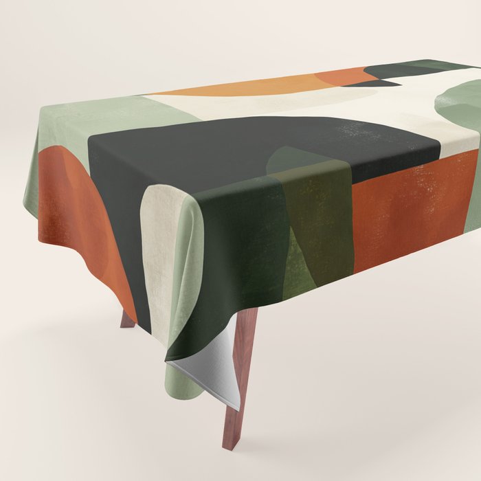 Earthy Mid-Century Abstract Composition in Olive, Rust, and Charcoal Tones Tablecloth Gallery Image 1