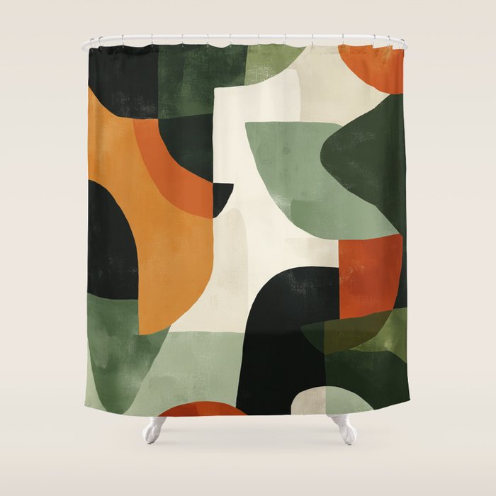 Earthy Mid-Century Abstract Composition in Olive, Rust, and Charcoal Tones Shower Curtain Gallery Image 1