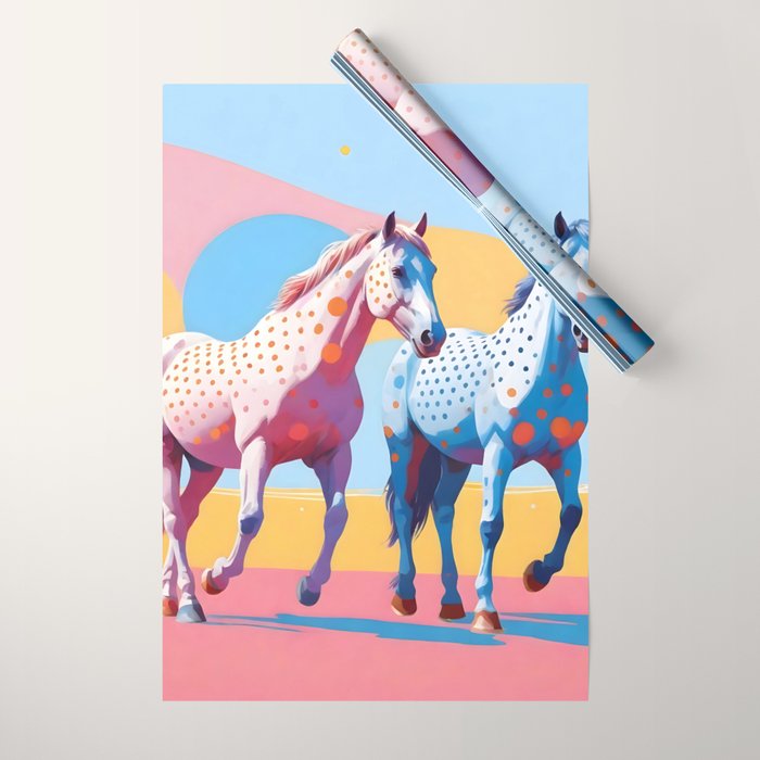 Horses with Polka Dots, Animals Wildlife Pastel Illustration, Chic Pink Yellow Horse Eclectic Bohemian Painting Wrapping Paper Gallery Image 1