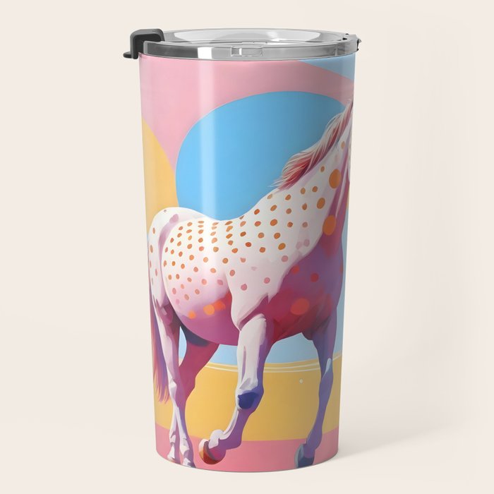 Horses with Polka Dots, Animals Wildlife Pastel Illustration, Chic Pink Yellow Horse Eclectic Bohemian Painting Travel Mug Gallery Image 3