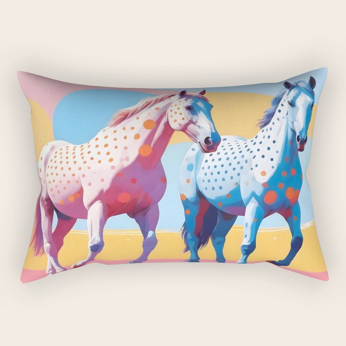 Horses with Polka Dots, Animals Wildlife Pastel Illustration, Chic Pink Yellow Horse Eclectic Bohemian Painting Rectangular Pillow Gallery Image 1