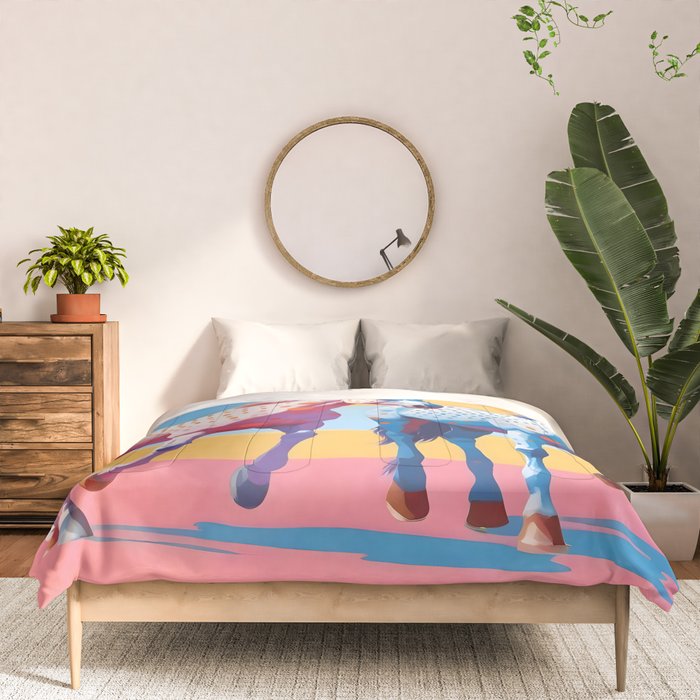 Horses with Polka Dots, Animals Wildlife Pastel Illustration, Chic Pink Yellow Horse Eclectic Bohemian Painting Comforter Gallery Image 3