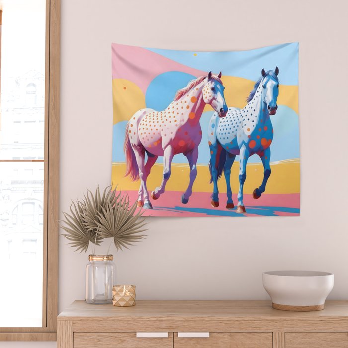 Horses with Polka Dots, Animals Wildlife Pastel Illustration, Chic Pink Yellow Horse Eclectic Bohemian Painting Wall Tapestry Gallery Image 2