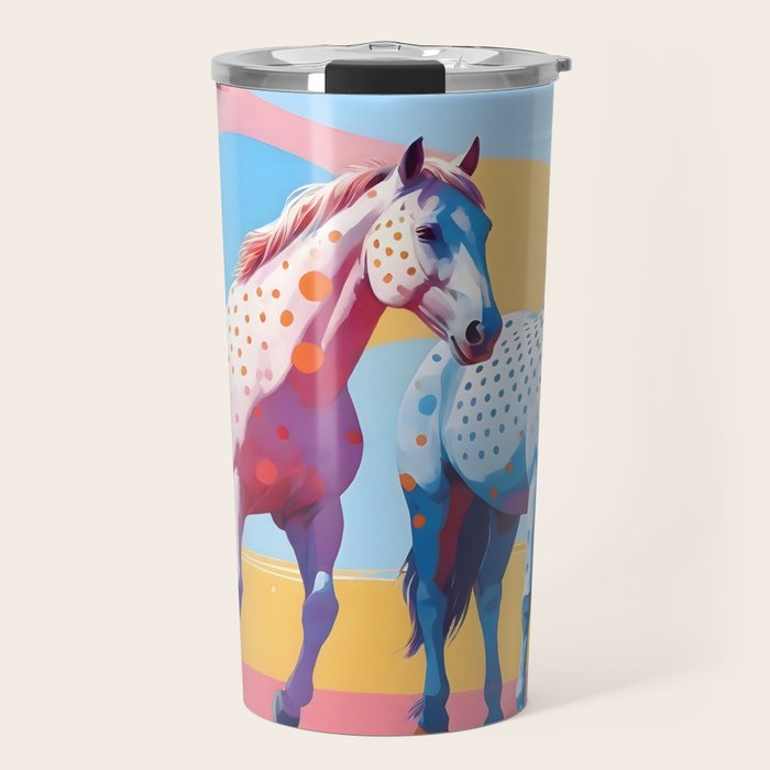 Horses with Polka Dots, Animals Wildlife Pastel Illustration, Chic Pink Yellow Horse Eclectic Bohemian Painting Travel Mug Gallery Image 1