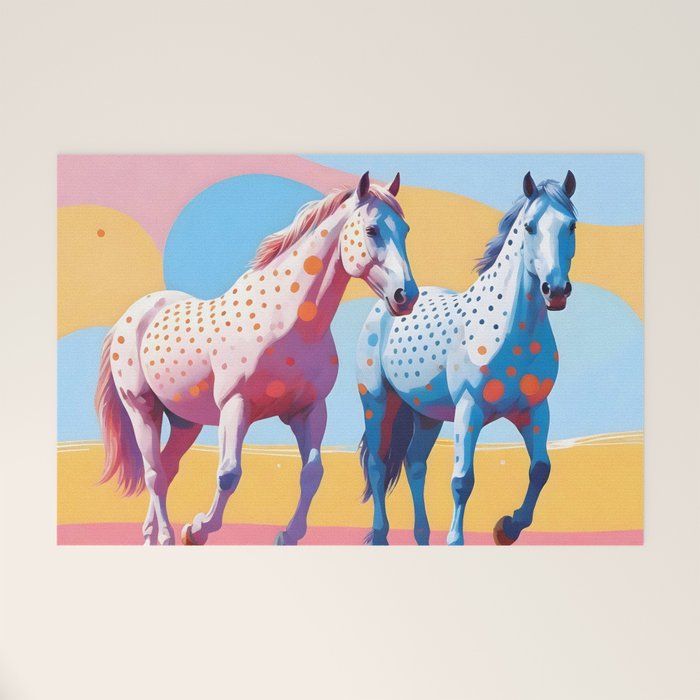 Horses with Polka Dots, Animals Wildlife Pastel Illustration, Chic Pink Yellow Horse Eclectic Bohemian Painting Welcome Mat Gallery Image 1