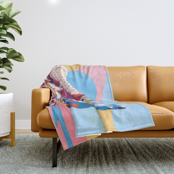 Horses with Polka Dots, Animals Wildlife Pastel Illustration, Chic Pink Yellow Horse Eclectic Bohemian Painting Throw Blanket Gallery Image 1