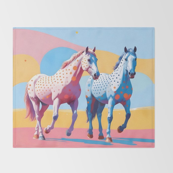 Horses with Polka Dots, Animals Wildlife Pastel Illustration, Chic Pink Yellow Horse Eclectic Bohemian Painting Throw Blanket Gallery Image 2