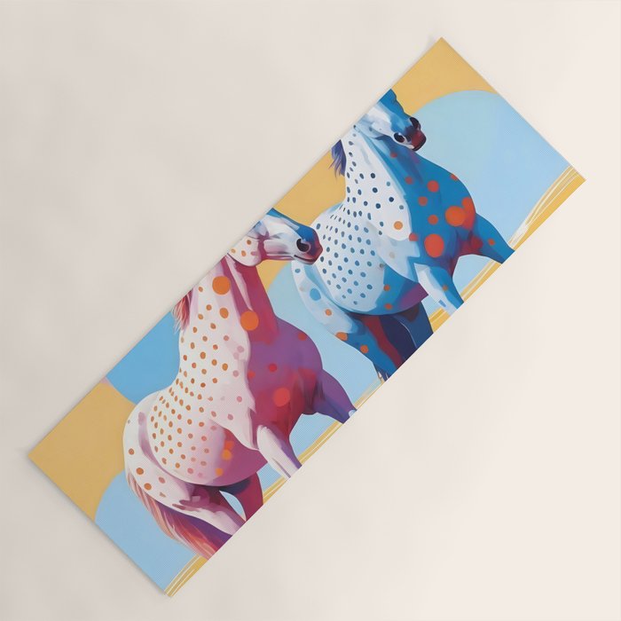 Horses with Polka Dots, Animals Wildlife Pastel Illustration, Chic Pink Yellow Horse Eclectic Bohemian Painting Yoga Mat Gallery Image 1