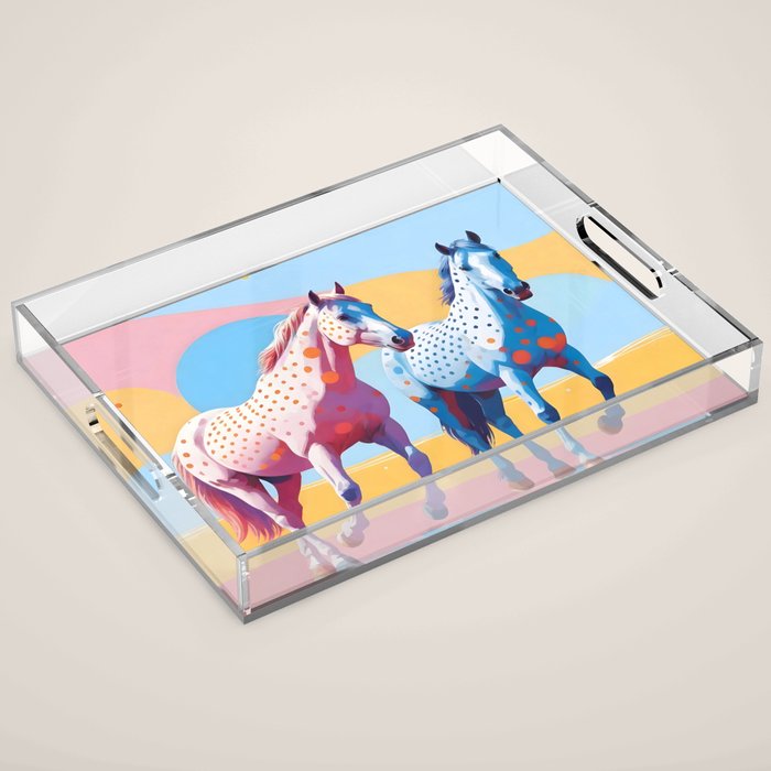Horses with Polka Dots, Animals Wildlife Pastel Illustration, Chic Pink Yellow Horse Eclectic Bohemian Painting Acrylic Tray Gallery Image 1