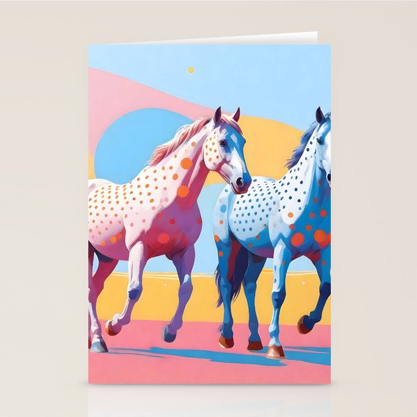Horses with Polka Dots, Animals Wildlife Pastel Illustration, Chic Pink Yellow Horse Eclectic Bohemian Painting Stationery Card Gallery Image 2