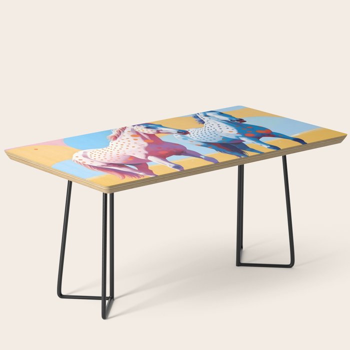 Horses with Polka Dots, Animals Wildlife Pastel Illustration, Chic Pink Yellow Horse Eclectic Bohemian Painting Coffee Table Gallery Image 1