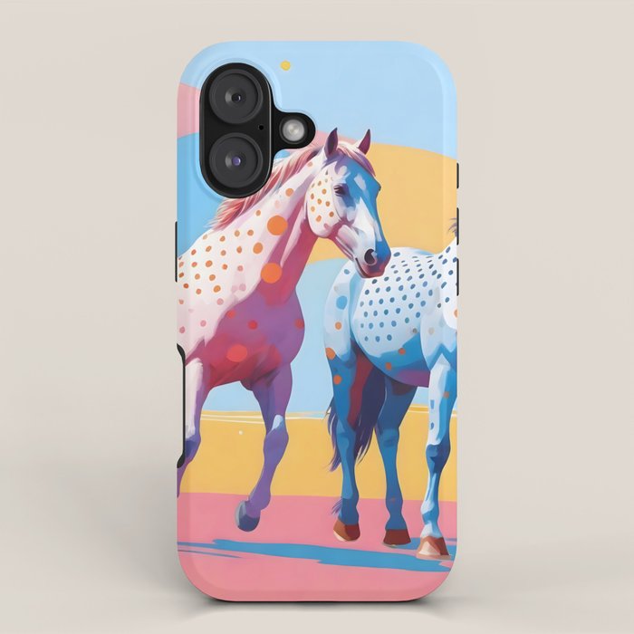 Horses with Polka Dots, Animals Wildlife Pastel Illustration, Chic Pink Yellow Horse Eclectic Bohemian Painting iPhone Case Gallery Image 1