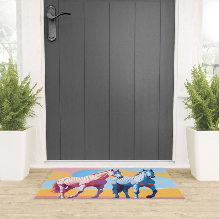 Horses with Polka Dots, Animals Wildlife Pastel Illustration, Chic Pink Yellow Horse Eclectic Bohemian Painting Welcome Mat Gallery Image 3
