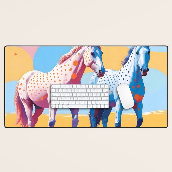Horses with Polka Dots, Animals Wildlife Pastel Illustration, Chic Pink Yellow Horse Eclectic Bohemian Painting Desk Mat Gallery Image 1