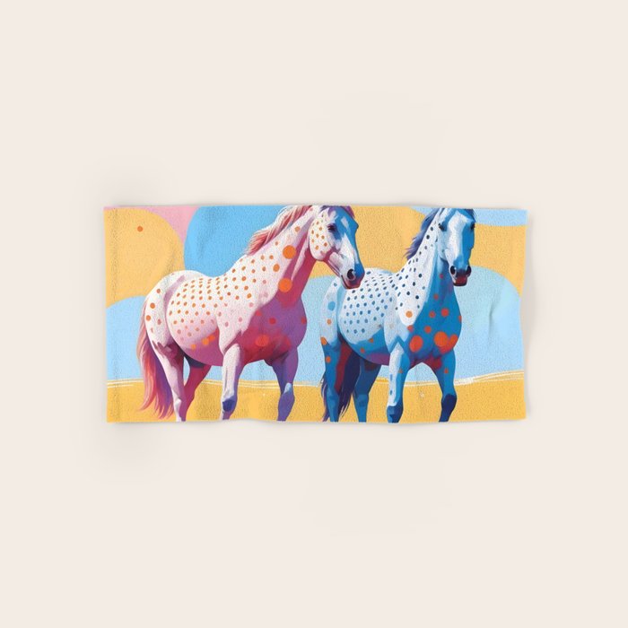 Horses with Polka Dots, Animals Wildlife Pastel Illustration, Chic Pink Yellow Horse Eclectic Bohemian Painting Bath Towel Gallery Image 1
