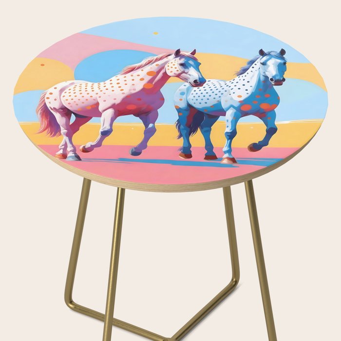 Horses with Polka Dots, Animals Wildlife Pastel Illustration, Chic Pink Yellow Horse Eclectic Bohemian Painting Side Table Gallery Image 2