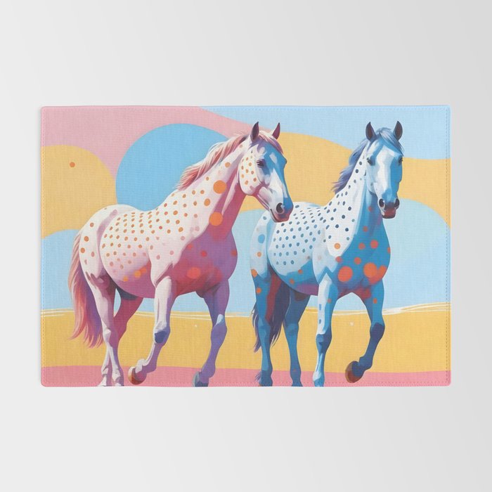 Horses with Polka Dots, Animals Wildlife Pastel Illustration, Chic Pink Yellow Horse Eclectic Bohemian Painting Rug Gallery Image 2