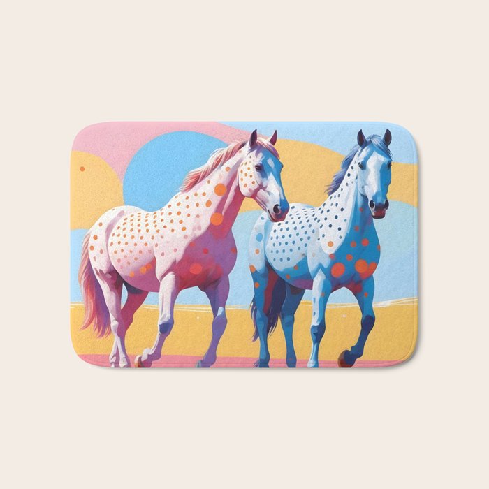 Horses with Polka Dots, Animals Wildlife Pastel Illustration, Chic Pink Yellow Horse Eclectic Bohemian Painting Bath Mat Gallery Image 1