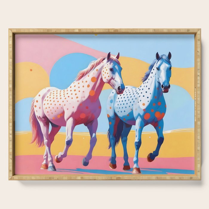 Horses with Polka Dots, Animals Wildlife Pastel Illustration, Chic Pink Yellow Horse Eclectic Bohemian Painting Serving Tray Gallery Image 1