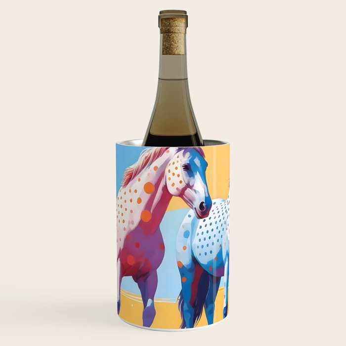 Horses with Polka Dots, Animals Wildlife Pastel Illustration, Chic Pink Yellow Horse Eclectic Bohemian Painting Wine Chiller Gallery Image 1