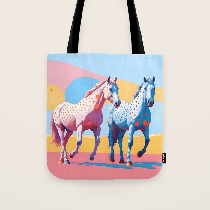 Horses with Polka Dots, Animals Wildlife Pastel Illustration, Chic Pink Yellow Horse Eclectic Bohemian Painting Tote Bag Gallery Image 1