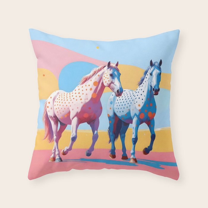 Horses with Polka Dots, Animals Wildlife Pastel Illustration, Chic Pink Yellow Horse Eclectic Bohemian Painting Throw Pillow Gallery Image 6