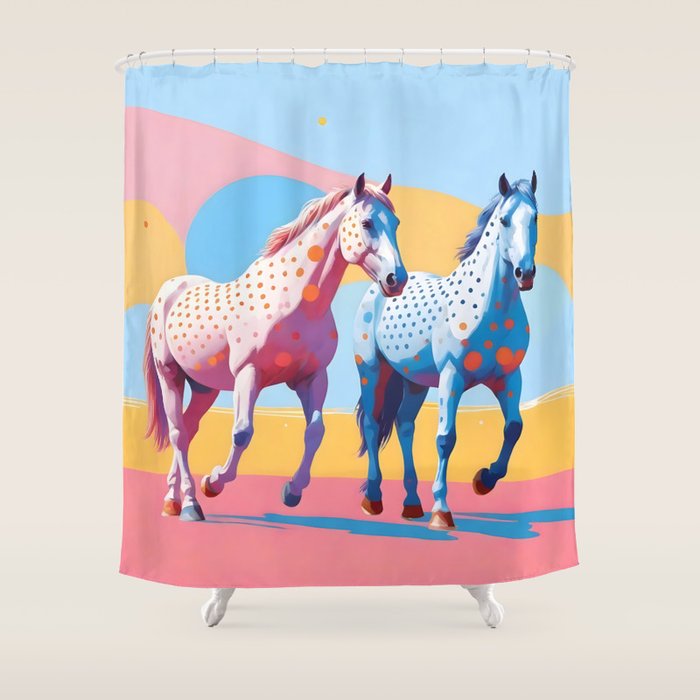 Horses with Polka Dots, Animals Wildlife Pastel Illustration, Chic Pink Yellow Horse Eclectic Bohemian Painting Shower Curtain Gallery Image 1