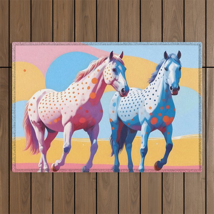 Horses with Polka Dots, Animals Wildlife Pastel Illustration, Chic Pink Yellow Horse Eclectic Bohemian Painting Outdoor Rug Gallery Image 1