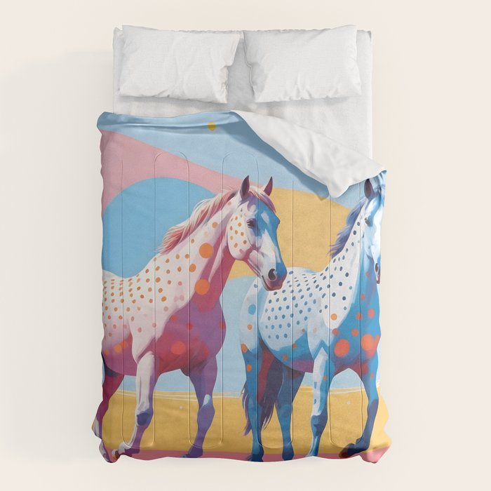 Horses with Polka Dots, Animals Wildlife Pastel Illustration, Chic Pink Yellow Horse Eclectic Bohemian Painting Comforter Gallery Image 6