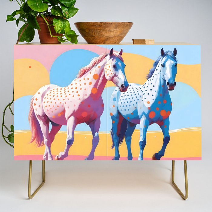 Horses with Polka Dots, Animals Wildlife Pastel Illustration, Chic Pink Yellow Horse Eclectic Bohemian Painting Credenza Gallery Image 1