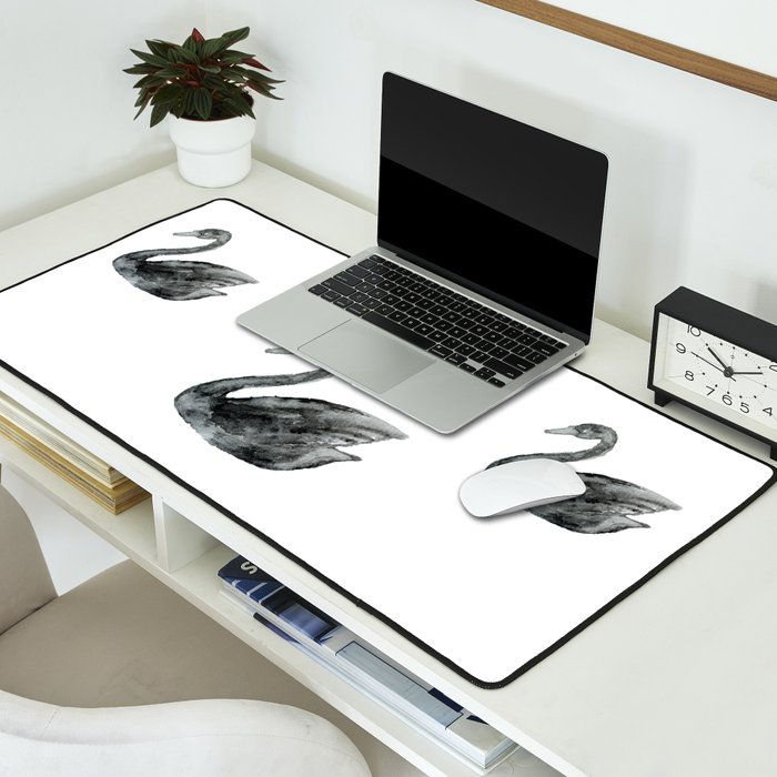 Elegant black white hand painted watercolor swan Desk Mat Gallery Image 2