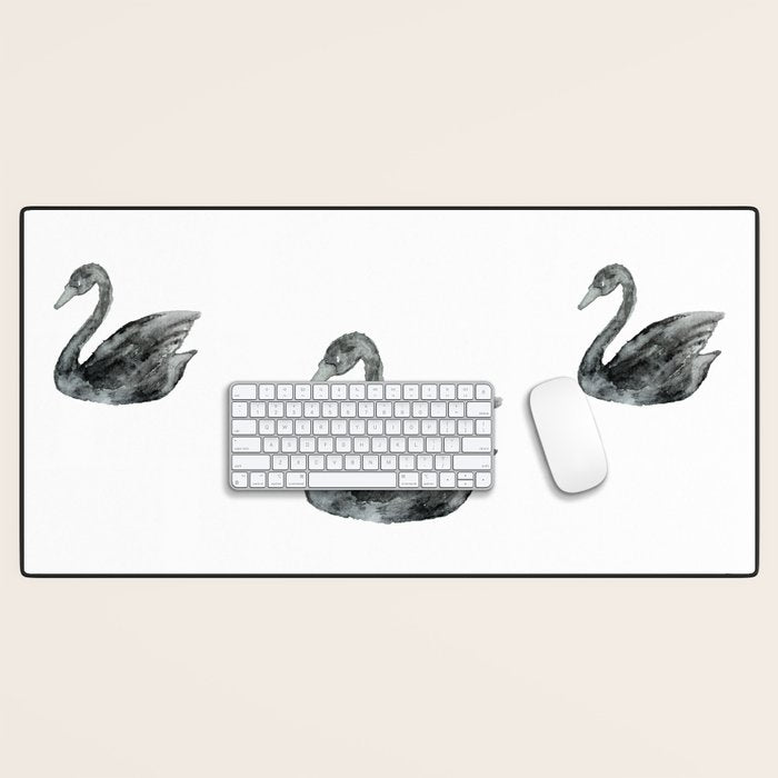 Elegant black white hand painted watercolor swan Desk Mat Gallery Image 1