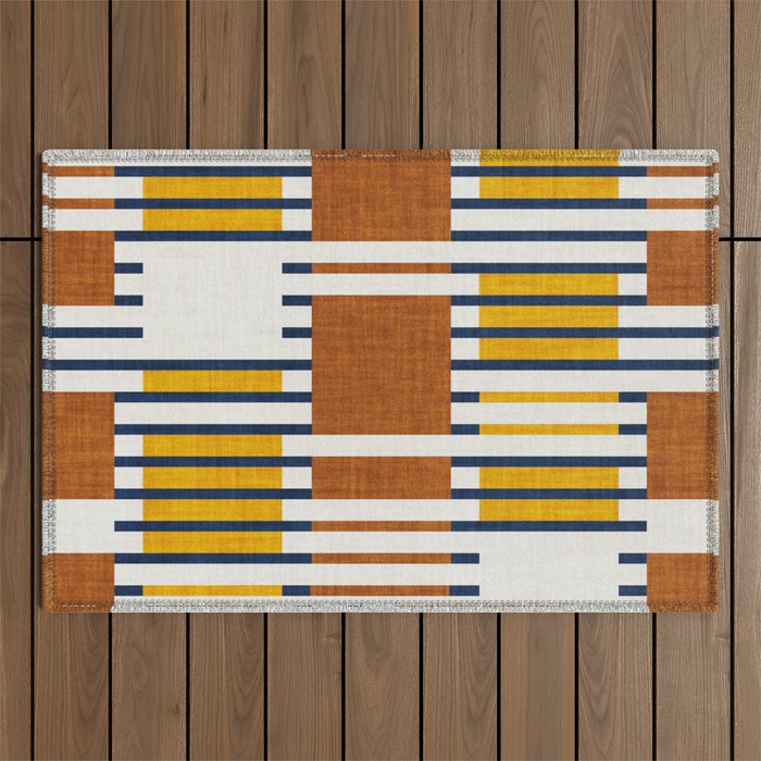 Bold minimalist retro stripes // midnight blue goldenrod yellow and copper brown geometric grid  Outdoor Rug Gallery Image 1