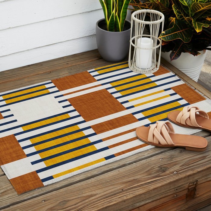 Bold minimalist retro stripes // midnight blue goldenrod yellow and copper brown geometric grid  Outdoor Rug Gallery Image 2