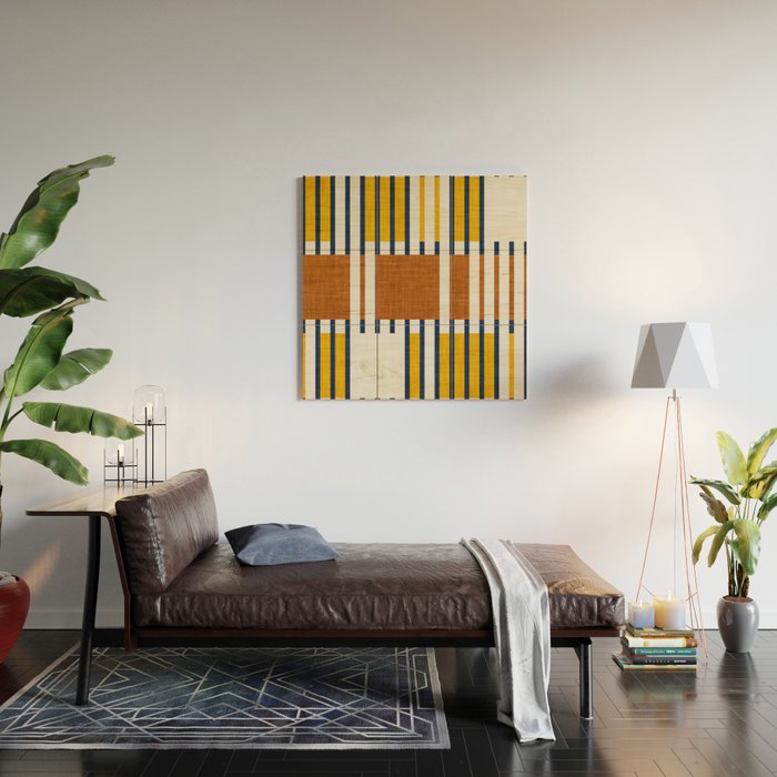 Bold minimalist retro stripes // midnight blue goldenrod yellow and copper brown geometric grid  Wood Wall Art Gallery Image 2