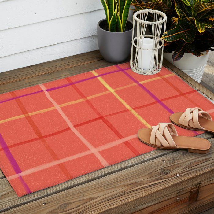 Abstract Tennis Net Pattern in Rosey Red Outdoor Rug Gallery Image 2
