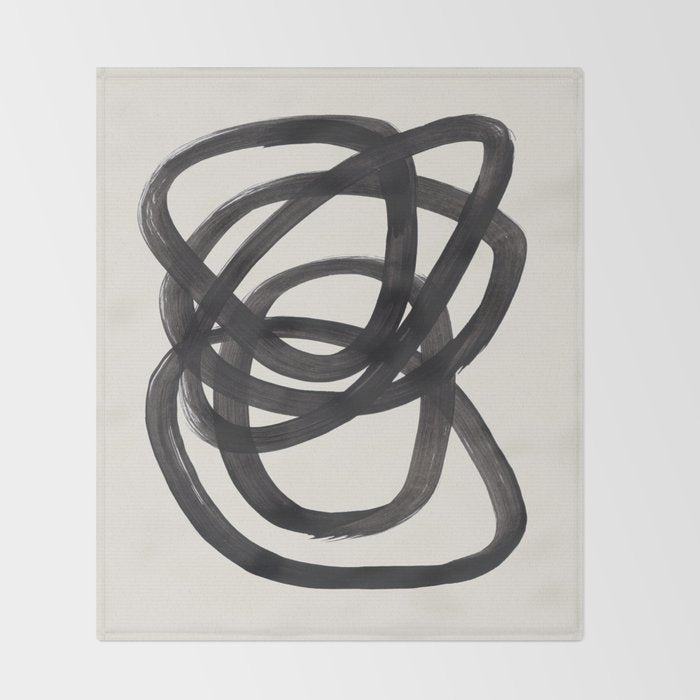 Mid Century Modern Minimalist Abstract Art Brush Strokes Black & White Ink Art Spiral Circles Throw Blanket Gallery Image 2