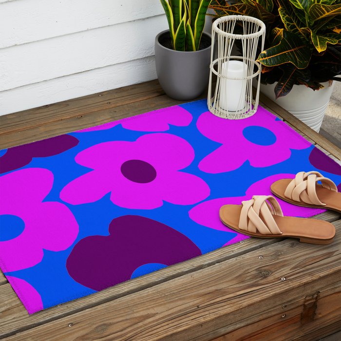 Large Pink and Purple Retro Flowers Blue Background #decor #society6 #buyart Outdoor Rug Gallery Image 2